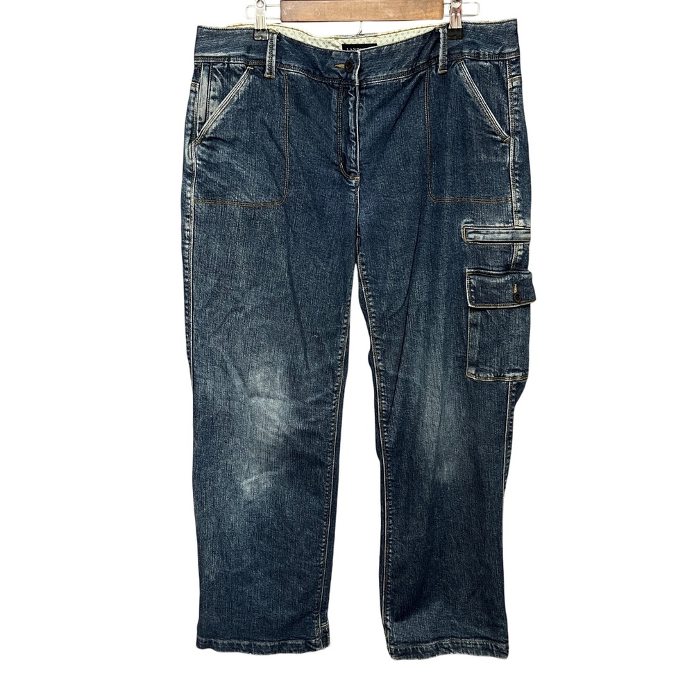 Vintage 90's Lands' End Lined Denim Cargo Pants 8 Pockets Blue Jeans Size 16 - Picture 2 of 11